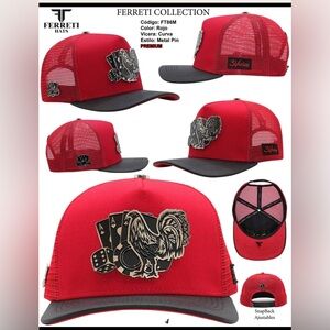 Red Trucker Hat with Rooster and Cards Design